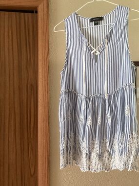 Karen Kane Blue & White Striped Lace-Trim Top